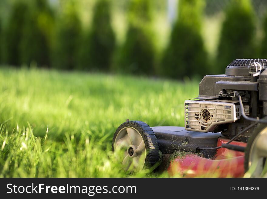 Lawn Mower On Green Grass