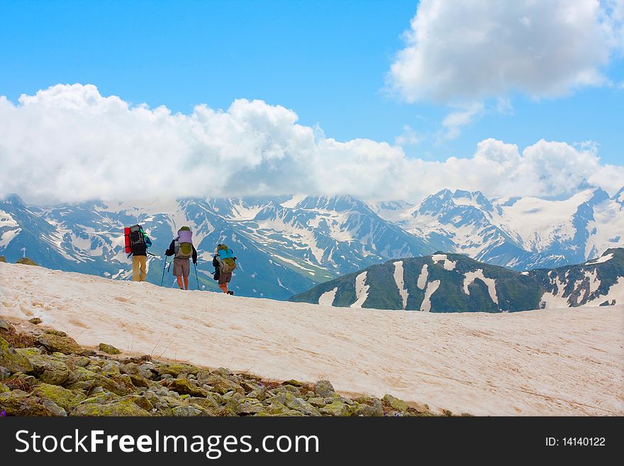 Hiker group in Caucasus mountains