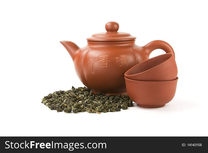 Chinese teapot and two cups on a white background