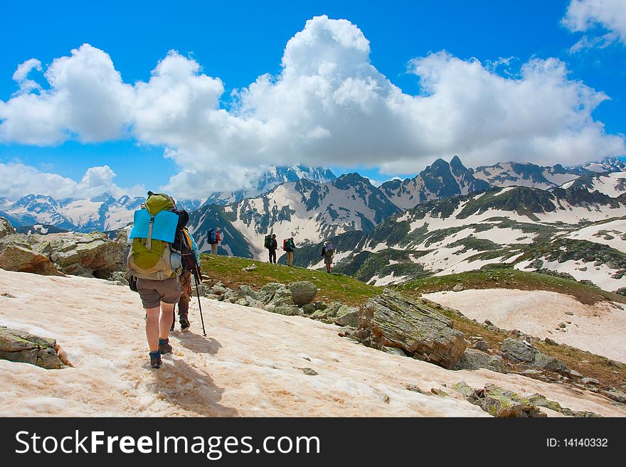 Hiker group in Caucasus mountains