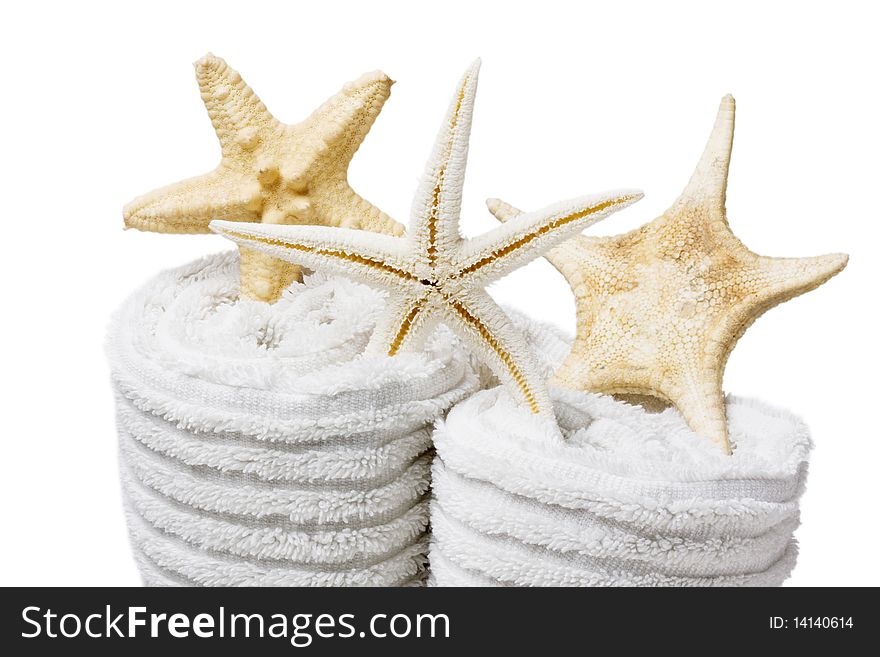 Towel and shells on white background