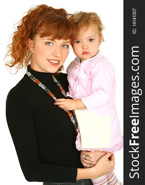 Mother with baby girl on white background