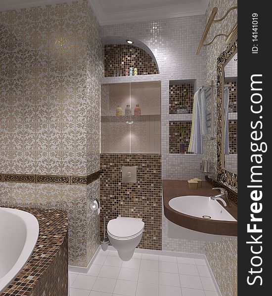 Bathroom with toilet and shower in the yellow tile