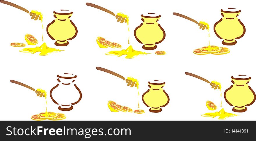 Vector honey pot, lemon and stylized teaspoon of. Vector honey pot, lemon and stylized teaspoon of