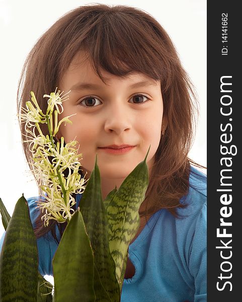 Smiling little girl with blooming home plant Sansevieria. Smiling little girl with blooming home plant Sansevieria