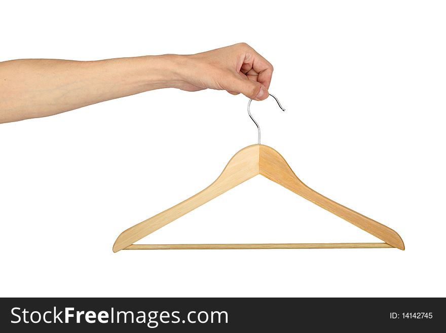 Man's hand with hanger , closeup, isolated background