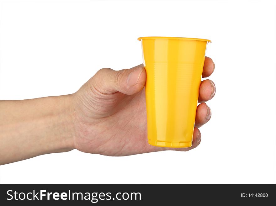 Man's hand with plastic cup , closeup isolated background. Man's hand with plastic cup , closeup isolated background