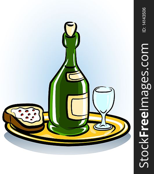 Tray with sandwich glass and bottle of wine vector illustration, isolated on white background