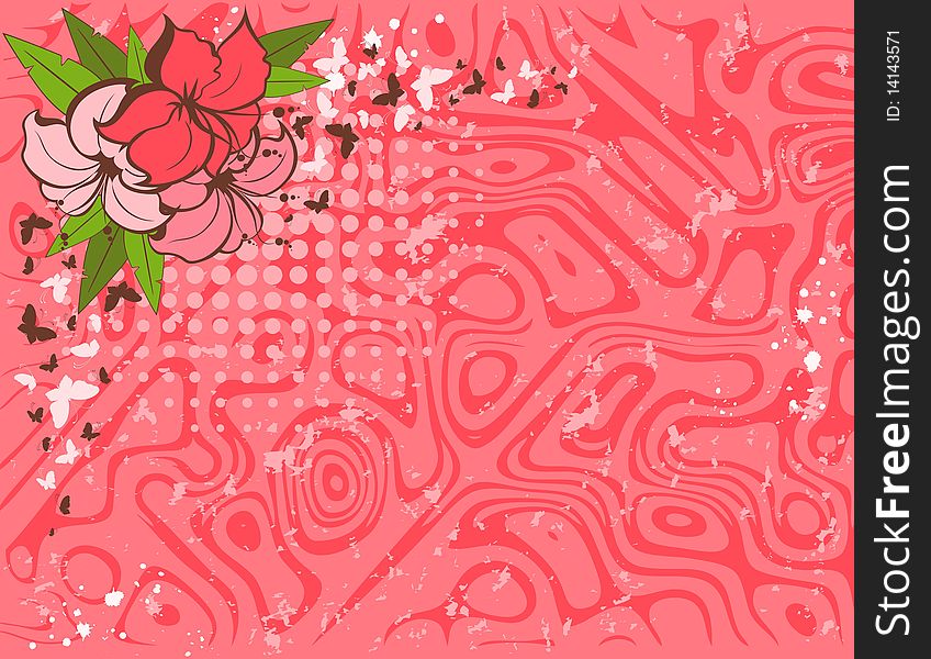 Grunge background with tropical flowers. Beautiful abstract illustration.