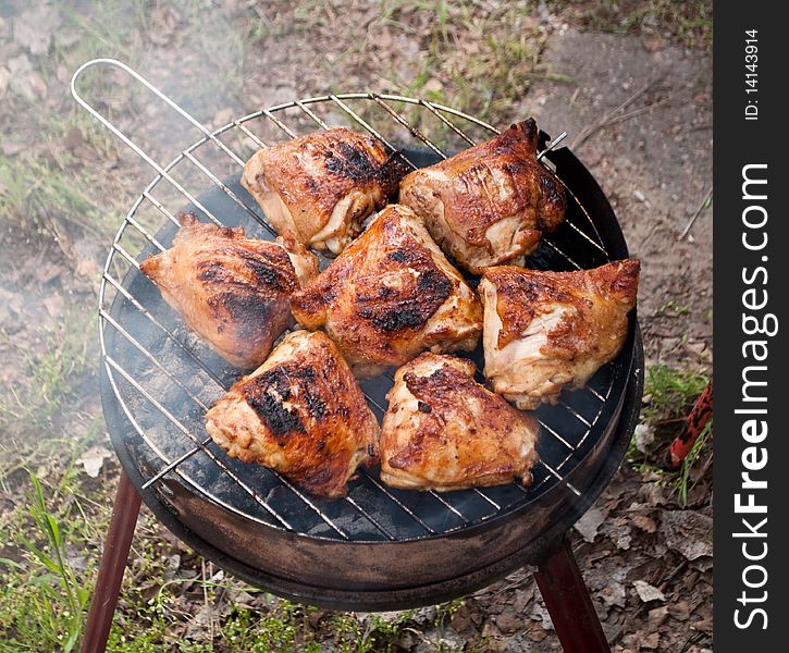Appetizer grilled chicken meat with smoke. Appetizer grilled chicken meat with smoke