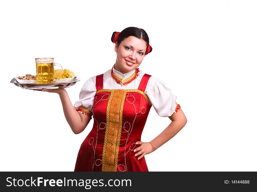 German/Bavarian girl with a traditional Oktoberfest Ma?krug. Smiling woman in red drindl is holding a beer. Young woman with a beer mug, dressed in a Bavarian dirndl. German/Bavarian girl with a traditional Oktoberfest Ma?krug. Smiling woman in red drindl is holding a beer. Young woman with a beer mug, dressed in a Bavarian dirndl.