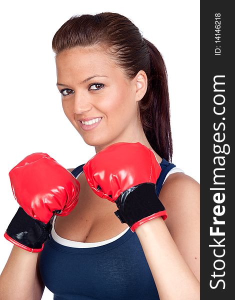 Attractive girl practicing boxing isolated on white background