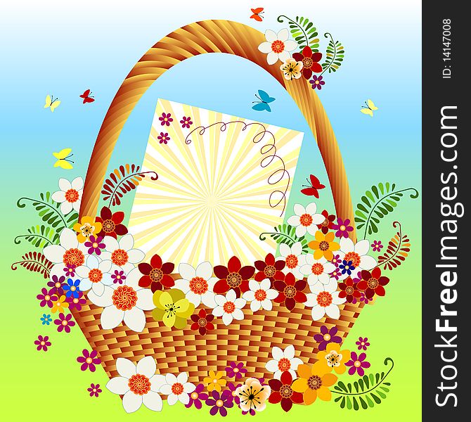 Basket with colorful flowers and butterflies. Basket with colorful flowers and butterflies