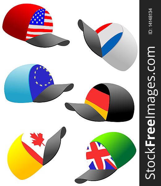 Sports caps for game in baseball with flags of the countries in a