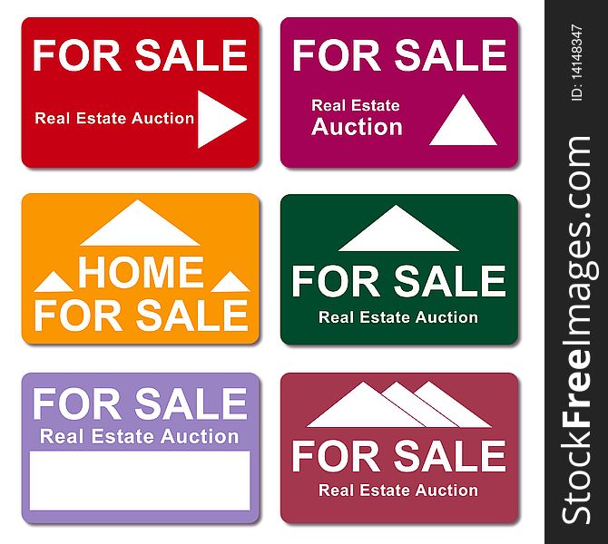 Set of real estate sale and for sale signs in different shapes and colors. Set of real estate sale and for sale signs in different shapes and colors.