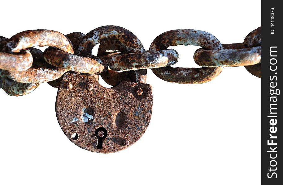 Old padlock locked on thick chain. Old padlock locked on thick chain