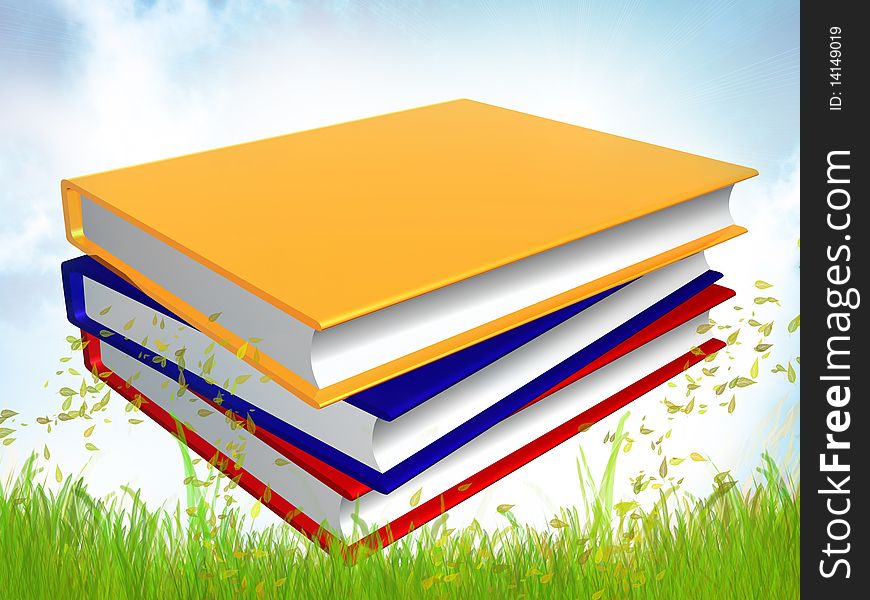 Pile Of Colorful Books In Meadow