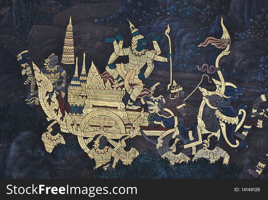 This is the historical mural painting have been the emerald buddh temple about the ramakean .bangkok