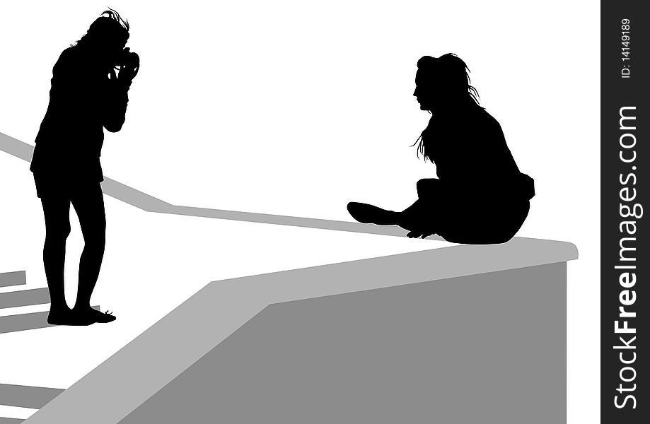 Image of the photographer and children. Silhouettes on white background. Image of the photographer and children. Silhouettes on white background