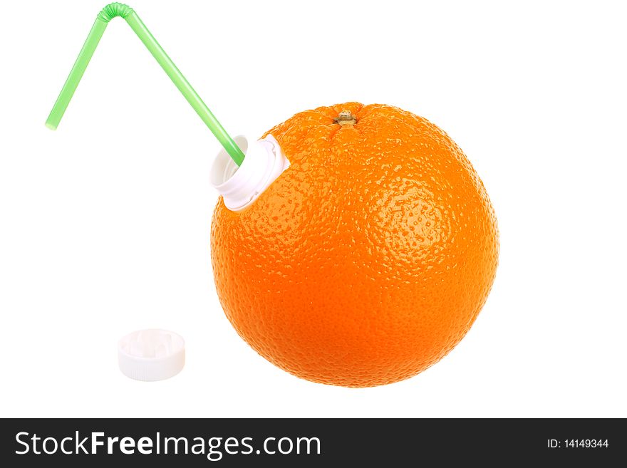 Orange with coctail straw isolated on white background