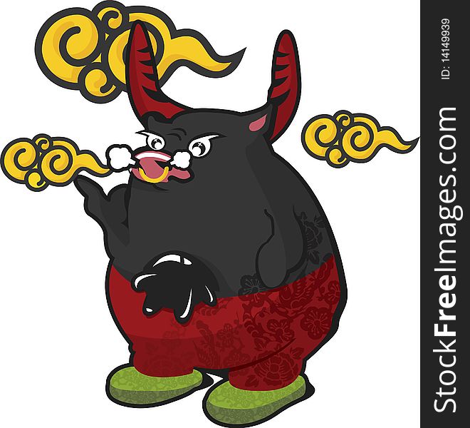 Illustration of a chubby bull looking a little bit angry with some eastern design influences.