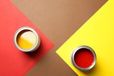 Flat Lay Composition With Paint Cans And Space For Text Royalty Free Stock Image