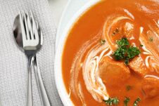 Delicious Butter Chicken Served On Table, Top View. Stock Photo
