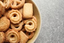 Bowl With Danish Butter Cookies On Grey Background, Top View. Royalty Free Stock Photography