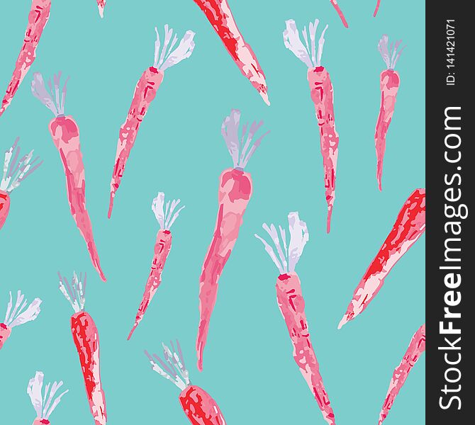 Hand Painted Watercolor Carrots On Acqua Background Seamless Pattern