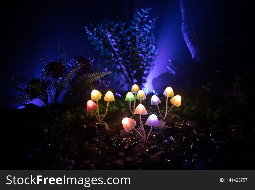 Fantasy Glowing Mushrooms In Mystery Dark Forest Close-up. Beautiful Macro Shot Of Magic Mushroom Or Souls Lost In Avatar Forest.