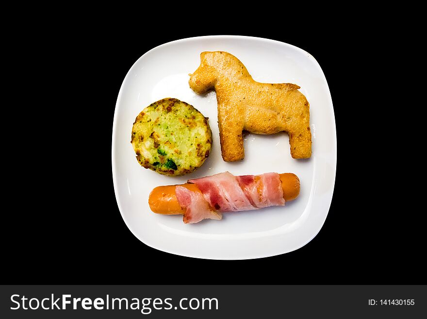 Preparation Of Breakfast, Sausages, Chicken York And Potato In Black Background