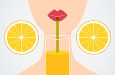 Cartoon Flat Style Girl Drinking Orange Juice Through A Straw. Vector Illustration. Stock Photos
