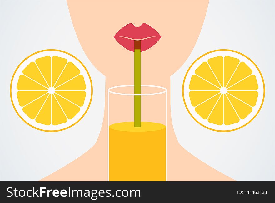 Cartoon flat style girl drinking orange juice through a straw. Vector Illustration.