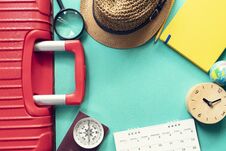 Concept Of Travel Vacation Trip And Long Weekend Suitcase Or Luggage, Passport And Calendar Stock Photography