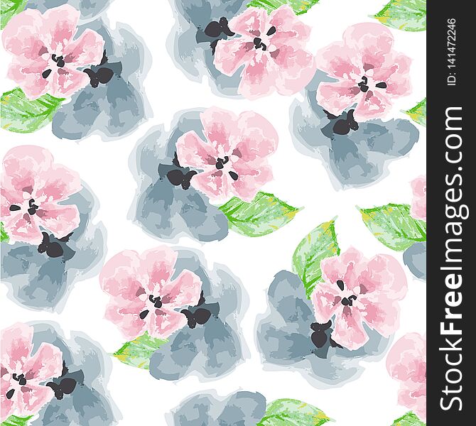 Watercolor pink and blue flowers pattern over white background