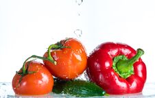 Fresh Vegetables In A Spray Of Water On A White Background, Tomato, Cucumber, Sweet Pepper Stock Photo