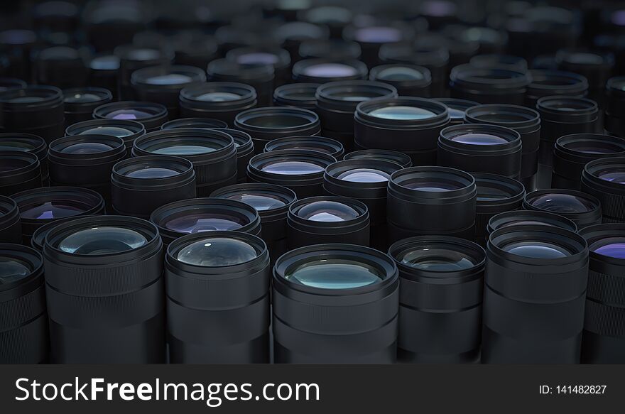 Collection of many DSLR camera lenses. Photographic equipment concept. 3D rendered illustration.