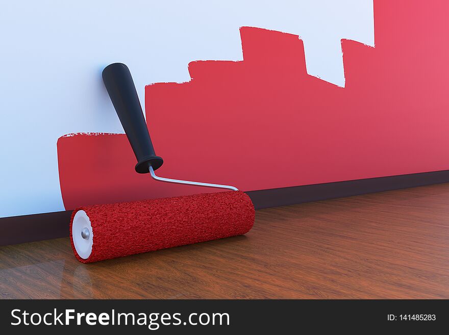 Room Painting Concept. Paint Roller With Red Color Indoors. 3D Rendered Illustration.