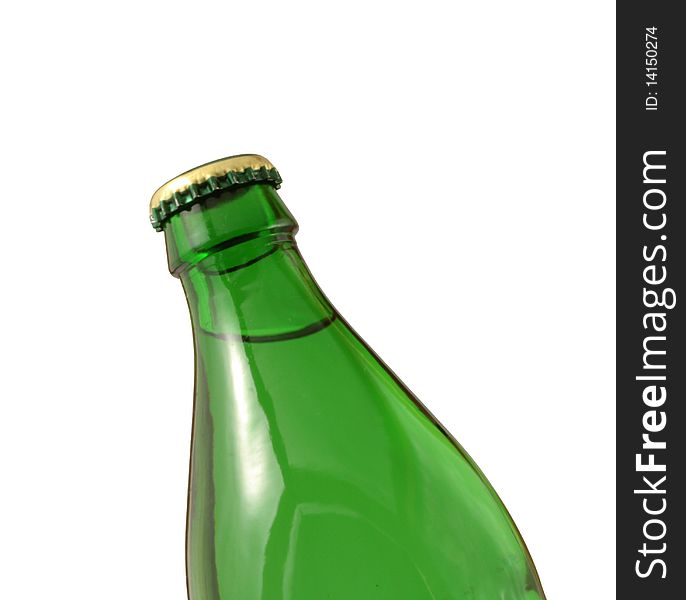 Top of the bottle of green glass slightly tilted, a vessel with mineral water covered with the metal cap on a white background. Top of the bottle of green glass slightly tilted, a vessel with mineral water covered with the metal cap on a white background