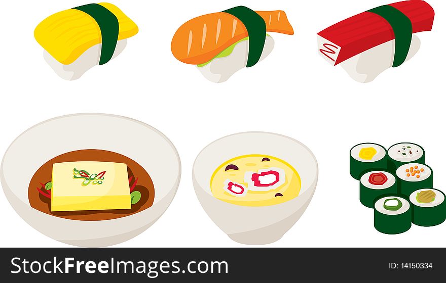 Various types of delicious Japanese food illustrations from Sushi to Miso, which will certainly delight the palate!