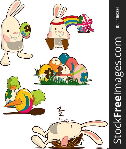 An assortment of adorable illustrations of an Easter bunny and Easter eggs in vivid colors. An assortment of adorable illustrations of an Easter bunny and Easter eggs in vivid colors.