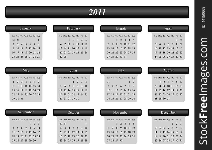 Monochrome black and white 2011 calendar on white background