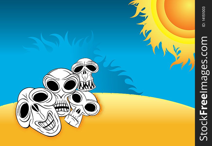 Skulls on the burning desert beach. Skulls on the burning desert beach