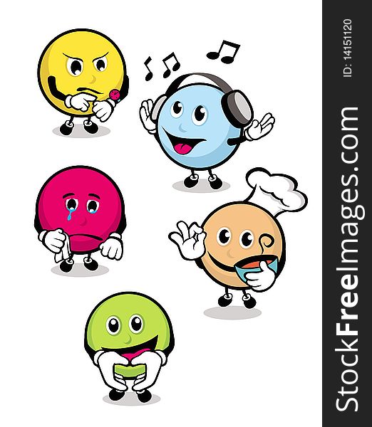 An assortment of cute sphere-shaped cartoons and icons in various poses.