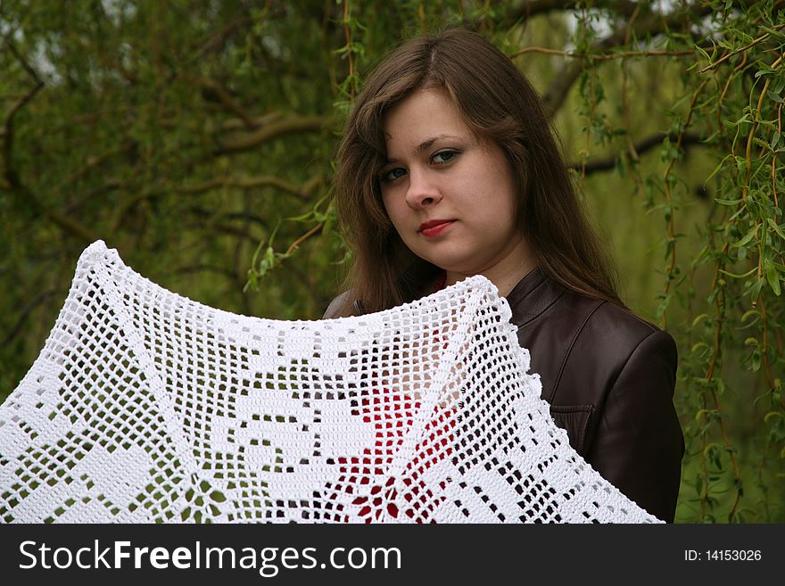 Girl with white umbrella in the forest. Girl with white umbrella in the forest