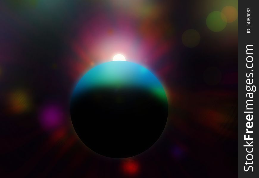 Illustration of a bright star shining from behind a blue planet, with added effects. Illustration of a bright star shining from behind a blue planet, with added effects.