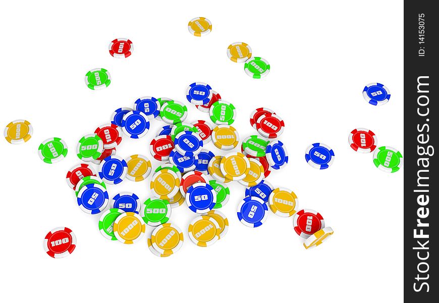 Lots of multicolored casino chips isolated on a white background