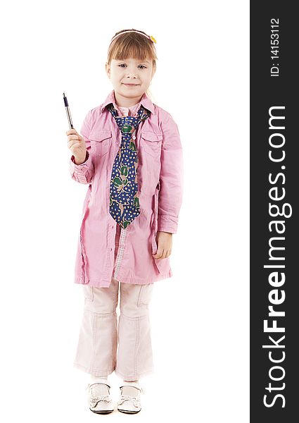 A little girl with a pen on a white background. A little girl with a pen on a white background