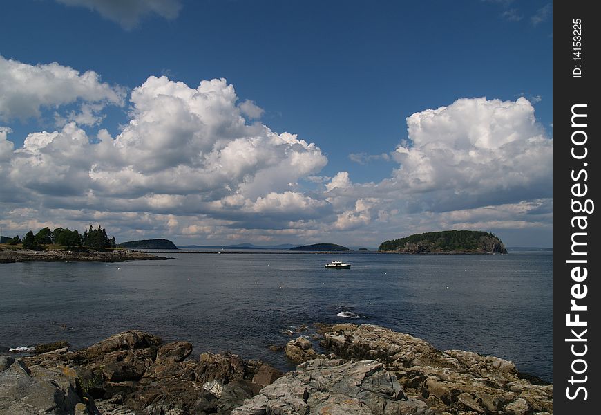 Wide shot of the ocean and islands. Wide shot of the ocean and islands