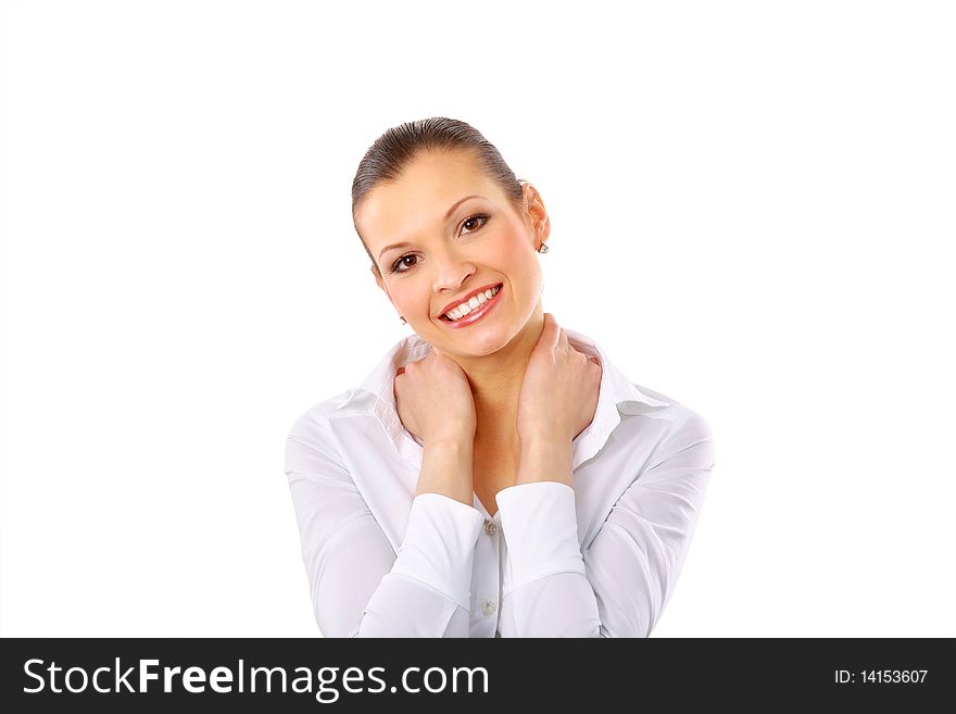 Portrait of an adorable young woman with her hand on cheek on white background